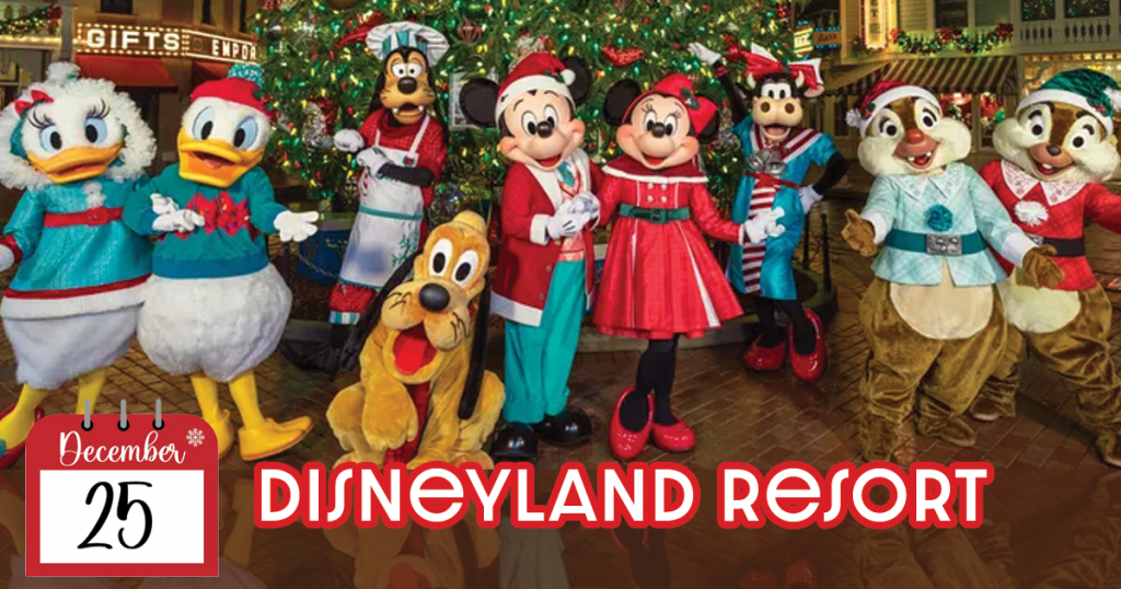 Disney characters including Mickey Mouse, Minnie Mouse, and others wearing festive Christmas outfits at Disneyland.