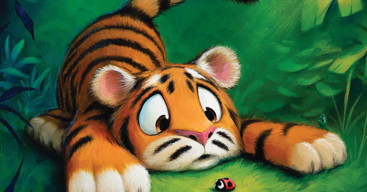 Rob Kaz art featuring a baby tiger and a ladybug.