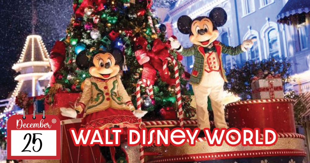 Mickey Mouse and Minnie Mouse wearing festive Christmas attire at a Disney park