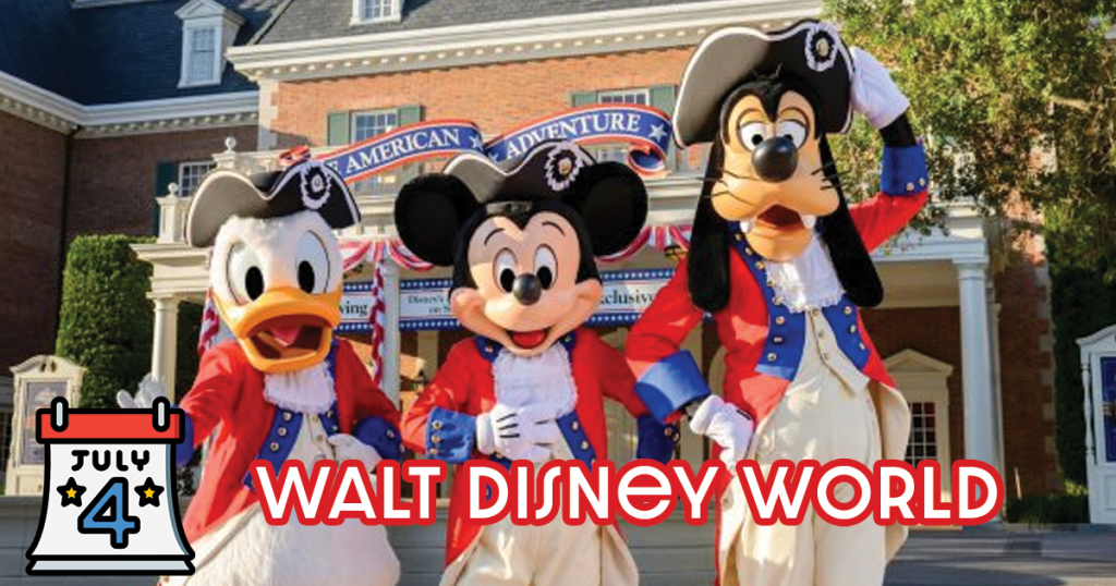 Mickey Mouse, Donald Duck, and Goofy wearing patriotic red, white, and blue outfits at a Disney park.